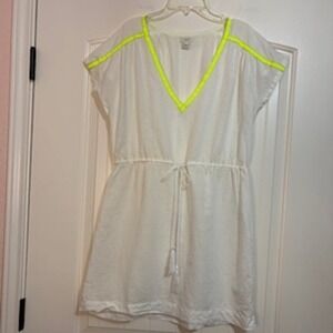 J.Crew White Linen Blend Yellow Silver V-Neck Mini Dress Cover-Up‎ S Festival